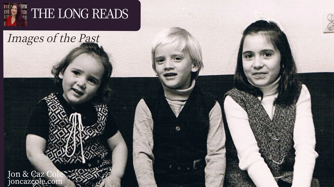 A nostalgic photograph of Caz and her siblings during childhood. The image serves as the header for the article 'Images of the Past' and features a dark purple top banner with the title underneath.