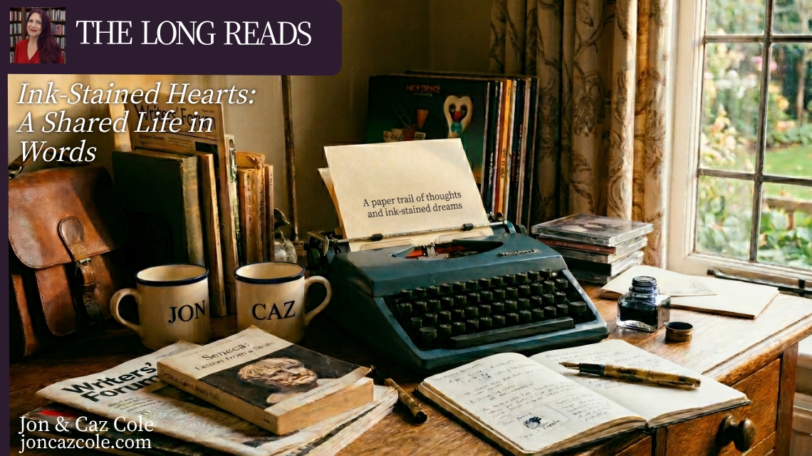 A warm, sunlit writer's desk featuring two coffee mugs labeled Jon and Caz, a vintage typewriter with a page reading 'A paper trail of thoughts and ink-stained dreams', and an open notebook surrounded by books and ink bottles.