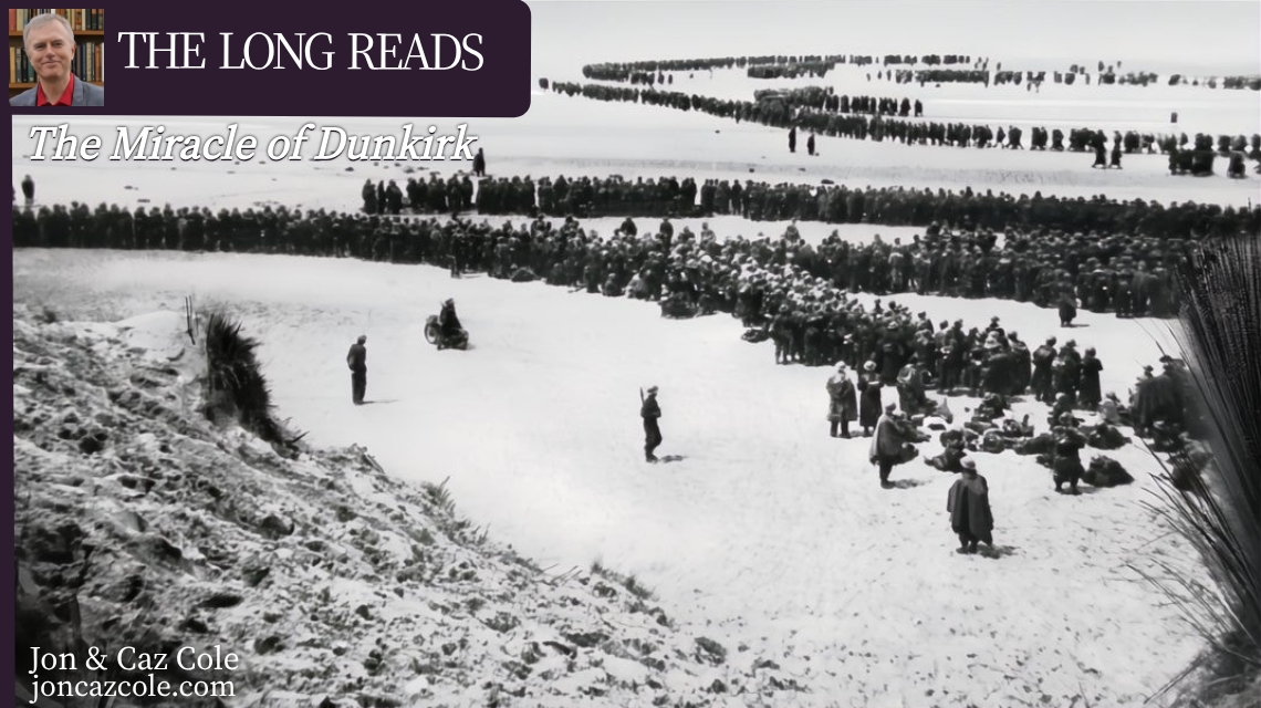 Historical black and white photograph from 1940 showing thousands of Allied soldiers queued on the beaches of Dunkirk during the evacuation. This header image includes the title 'THE MIRACLE OF DUNKIRK' on a black top banner.