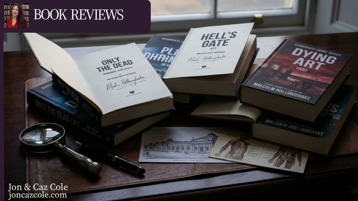 A sophisticated Studio-style photograph of Malcolm Hollingdrake’s Harrogate Crime Series. Signed copies of Hell’s Gate, Only the Dead, and Dying Art are arranged on a dark mahogany desk with a vintage silver magnifying glass, a fountain pen, and a botanical anatomy postcard under soft dusk lighting.