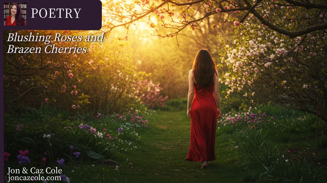 Header for the poem 'Blushing Roses and Brazen Cherries' featuring a woman walking through a sunset garden, a poetry collection by Caz C. Cole