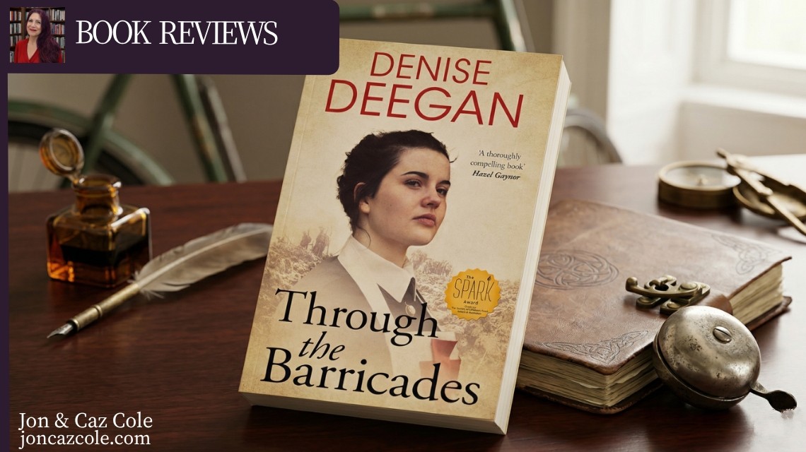 A sophisticated historical fiction banner for Denise Deegan's 'Through the Barricades,' featuring the novel alongside period-accurate elements like a vintage bicycle and an embossed leather journal, evoking the atmosphere of early 20th-century Dublin.