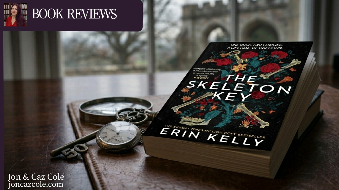A close-up photograph of the British paperback edition of Erin Kelly’s *The Skeleton Key* (showing the intricate human bone and red rose tree cover) resting on a dark mahogany desk next to a vintage pocket watch with a cracked face, under moody dusk lighting.