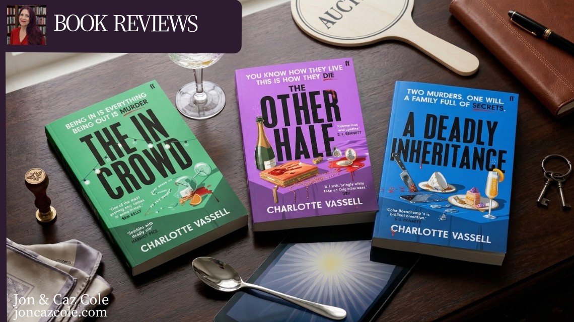 A sophisticated book review banner for the Caius Beauchamp series by Charlotte Vassell, featuring "The Other Half," "The In Crowd," and "A Deadly Inheritance" on a dark wooden desk with an antique silver spoon, an auction paddle, and a martini glass.