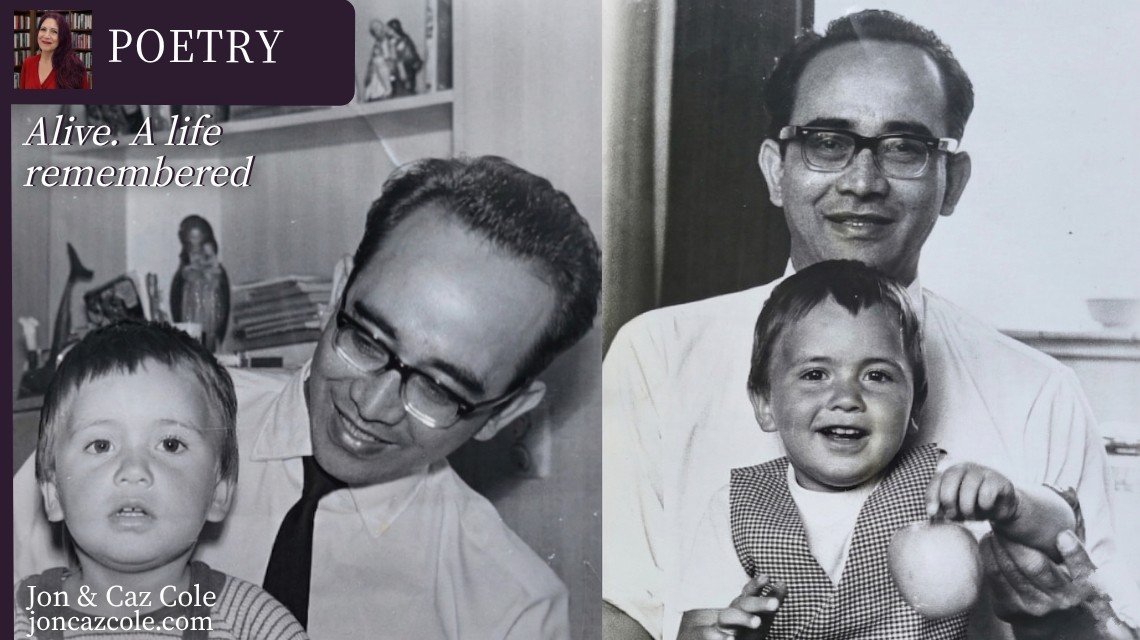 Header for the poem 'Alive' featuring a vintage black and white archival photograph of Caz as a child with her father. Part of the Jon & Caz Cole collection.