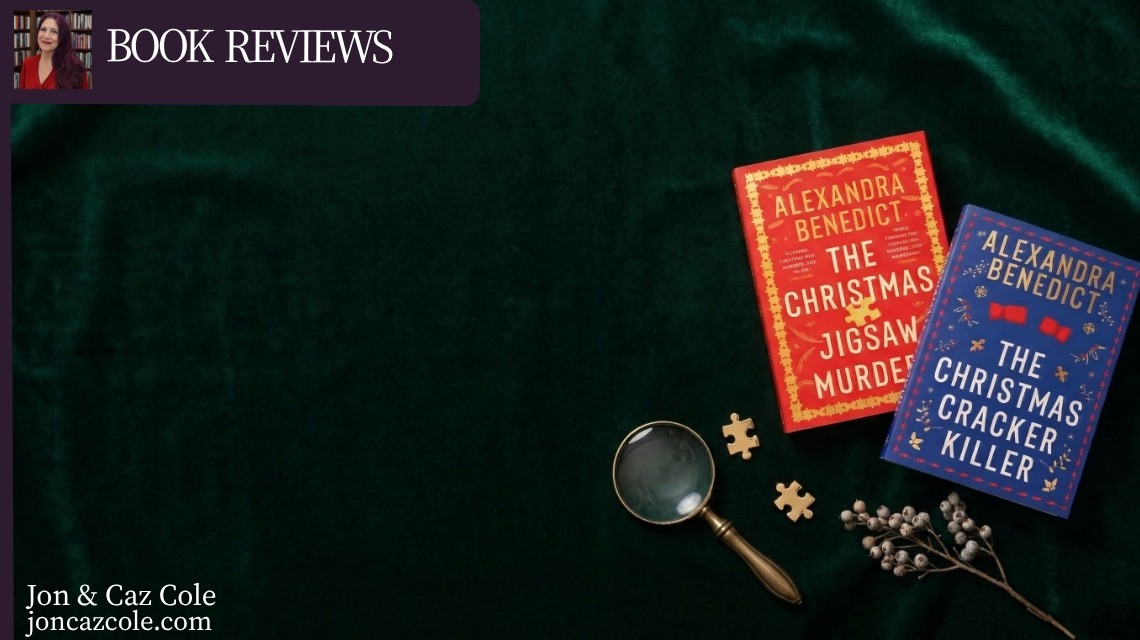 Alexandra Benedict’s festive mystery books, The Christmas Jigsaw Murders and The Christmas Cracker Killer, on deep green velvet with a vintage magnifying glass and gold puzzle pieces.