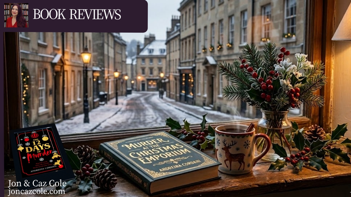A sophisticated Christmas book review header featuring "Murder at the Christmas Emporium" and "The 12 Days of Murder" by Andreina Cordani, set on a cozy windowsill with a reindeer mug, winter flowers, and a snowy Bath-style street scene, by Jon and Caz Cole.