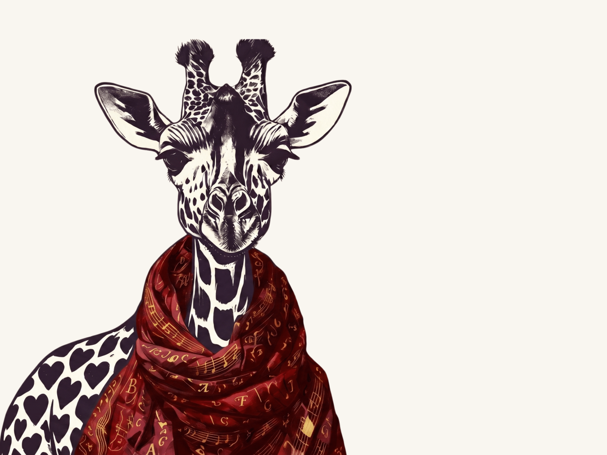 A giraffe with hearts as spots and a red scarf with golden letters and music notes JonCazCole