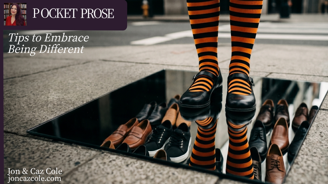 Close-up of orange and black striped socks and Mary Jane shoes standing on a mirror in a city street, reflecting a crowd of identical brown and black shoes.
